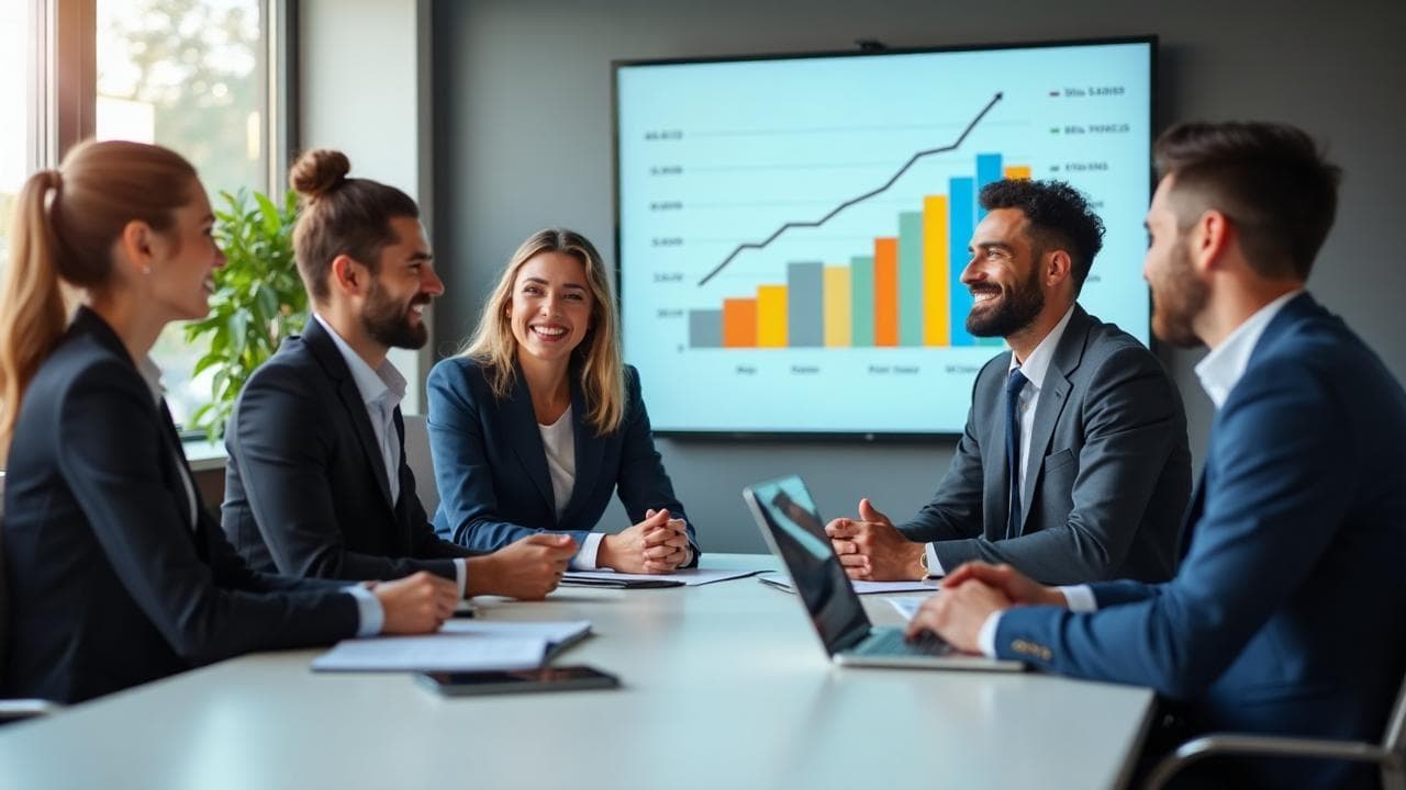 Executive team reviewing business performance dashboards in a strategy meeting